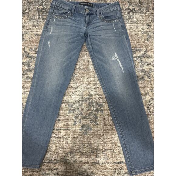 Express Jeans Cropped Legging Low Rise Women's 2R Blue Distressed Whisker Frayed - Picture 1 of 16